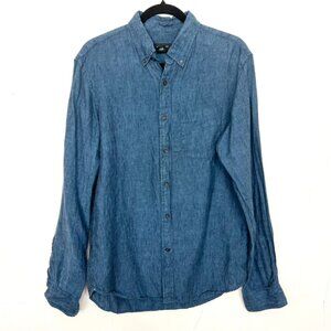 Club Monaco 100% Linen Slim Fit Button Down Shirt Blue Small